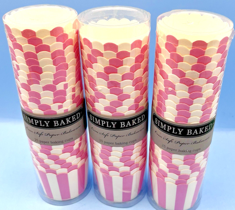 Simply Baked Paper Baking Cups 3 25 Piece Packs Pink White Striped 3 oz Sealed gallery