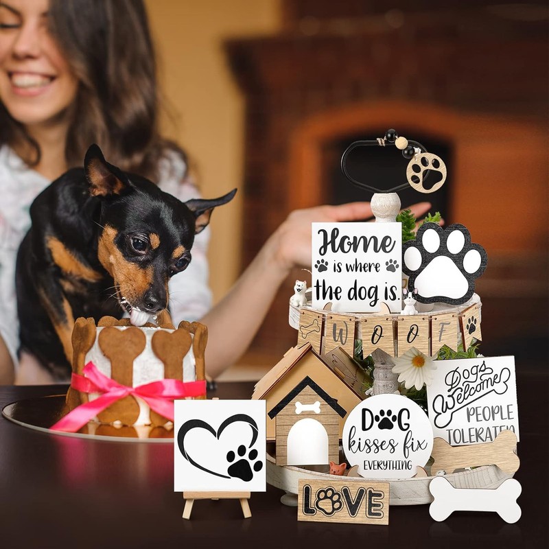Geelin 16 Pcs Dog Tiered Tray Decor Set Wooden Rustic Paw gallery