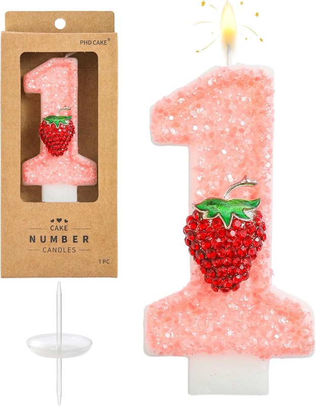 Number 1 Strawberry Birthday Candles, Strawberry Themed Number Candles, Cake