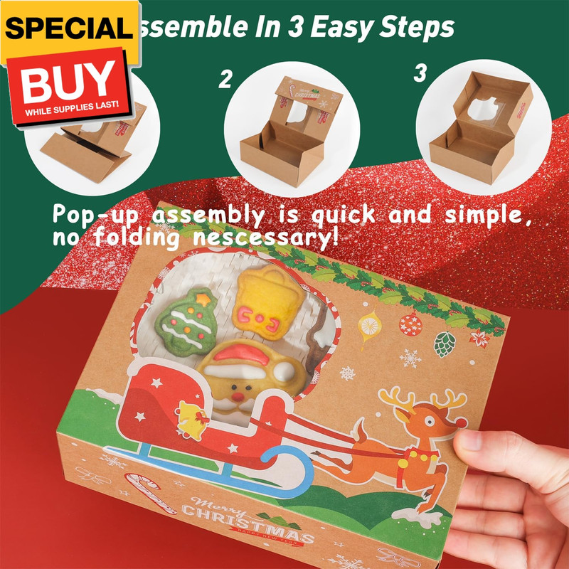 12-Pack Christmas Cookie Boxes with Window, 8.25x6x2.75 in Large Brown Christmas gallery