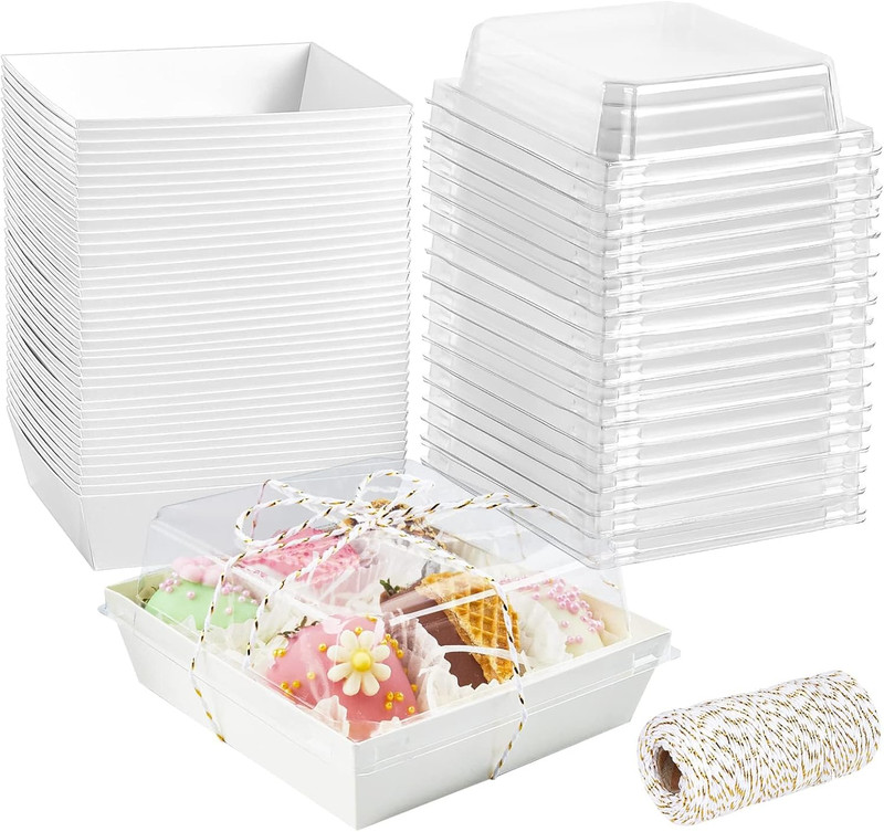 50 Pack 5 Inch Paper Charcuterie Boxes with Clear Lids, Square to Go Cake Slice