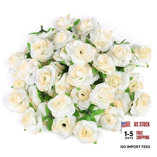 Kesote 50pcs Mini Cream White Roses Artificial Flowers Bulk, 1.6″ Small Silk