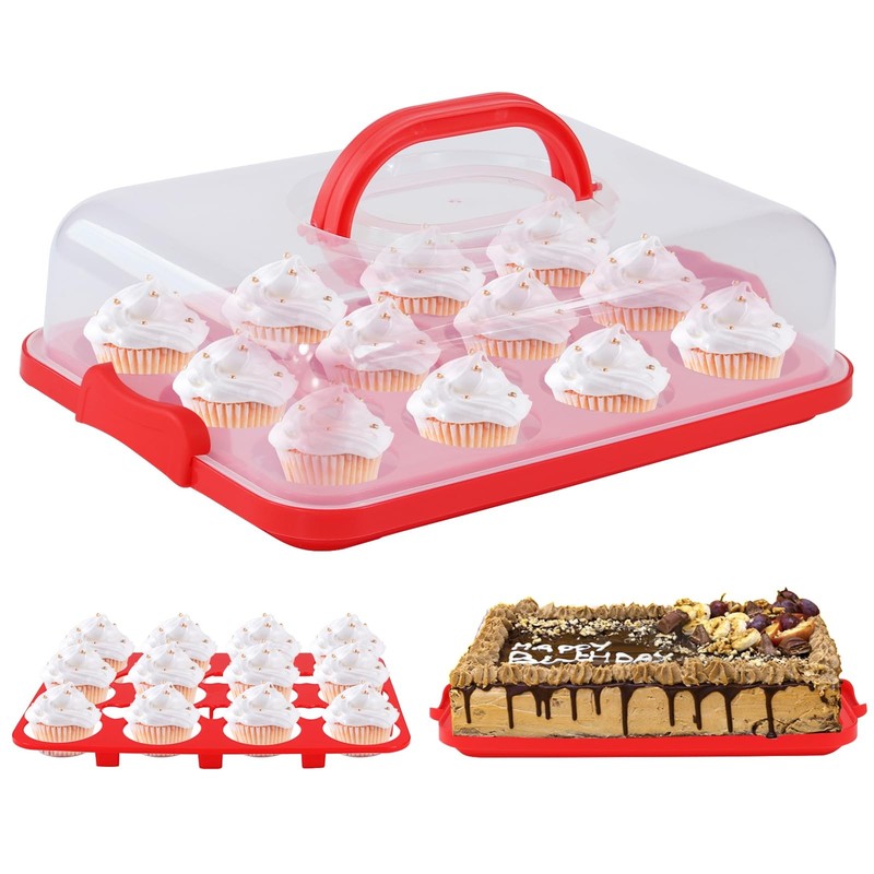 Bvwze Cake Carrier with Lid, Holder Cupcake Container for 12 Red