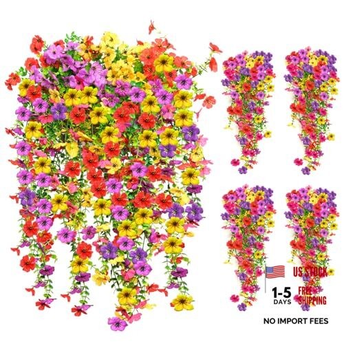 8PCS Artificial Hanging Flowers for Outdoors,Hanging Outdoor Redyellowpurple