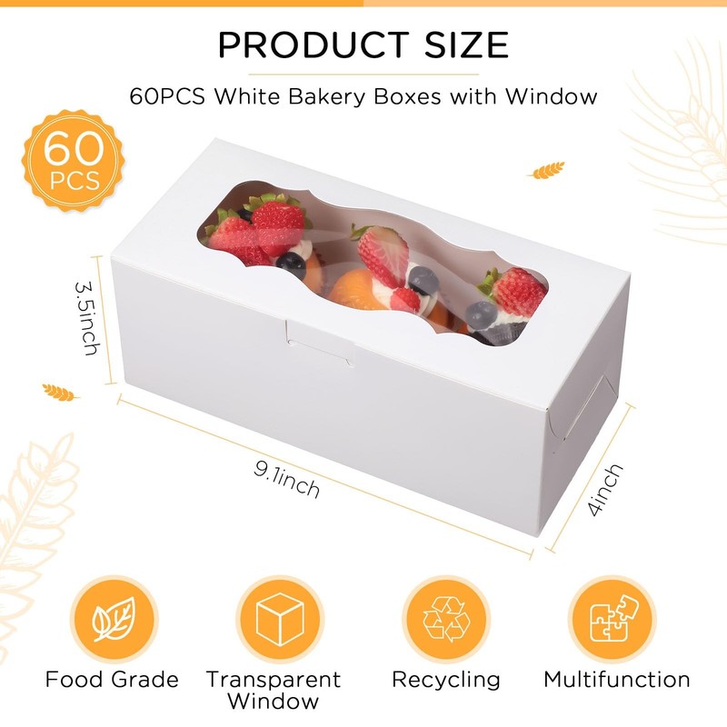 60 Pack White Bakery Boxes with Window, 9 x 4 x 3 Inch, Large Cookie Boxes fo... gallery