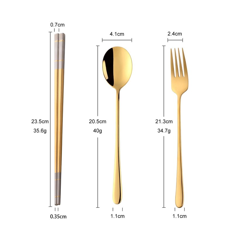 2 PCS Stainless Steel Korean Chopsticks Spoons Fork Set Portable Gold gallery