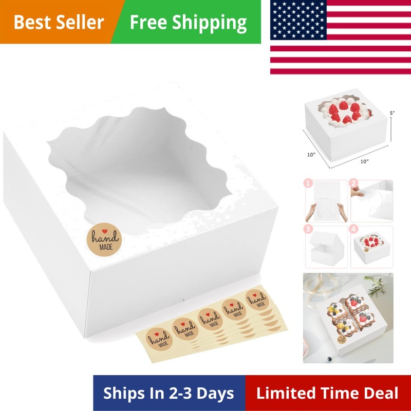 Auto-Popup 10X10X5 Cake Boxes with Window, 24Pcs Quick Fold Brown Bakery Boxes,