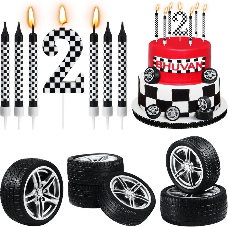 13 Pcs Racing Cars Themed Birthday Candles, Black and White Checkered Birthday