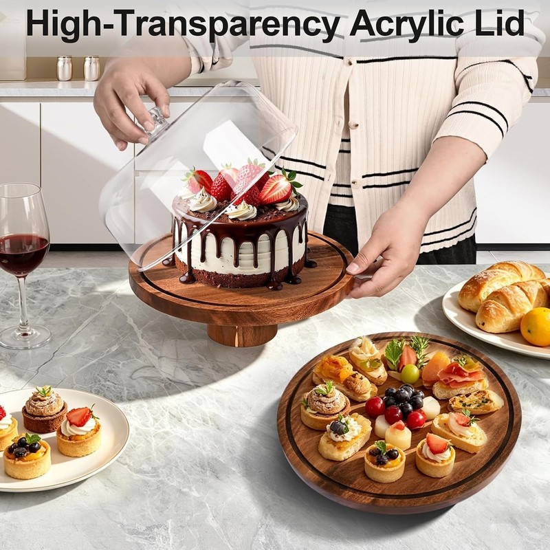 Wood Cake Stand with Lid Acrylic Dome 12in Food Serving Display for Weddings gallery