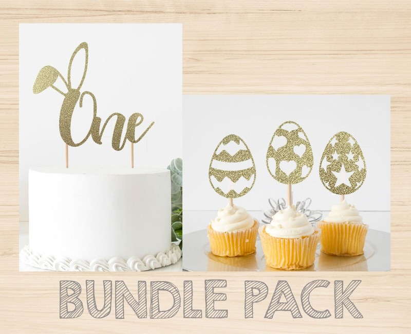 BUNDLE PACK One With Bunny Ears Cake Topper + Easter Eggs & Bunny Cupcake Topper