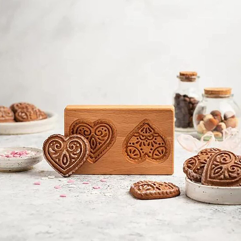 Wooden Cookie Mold – Carved Biscuit Baking Cutter, Embossing Press for Gingerbre