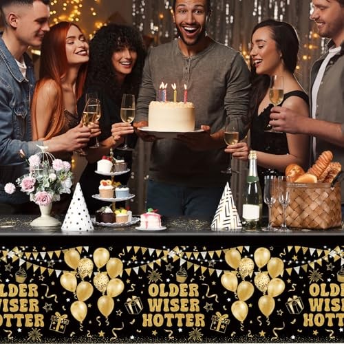 3 Pcs Happy Birthday Tablecloth Plastic Older Wiser Hotter Black, Gold gallery