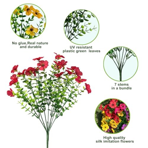 12 Bundles Artificial Flowers for Outdoor,4 Color No Yellow,fuchsia,purple,red gallery