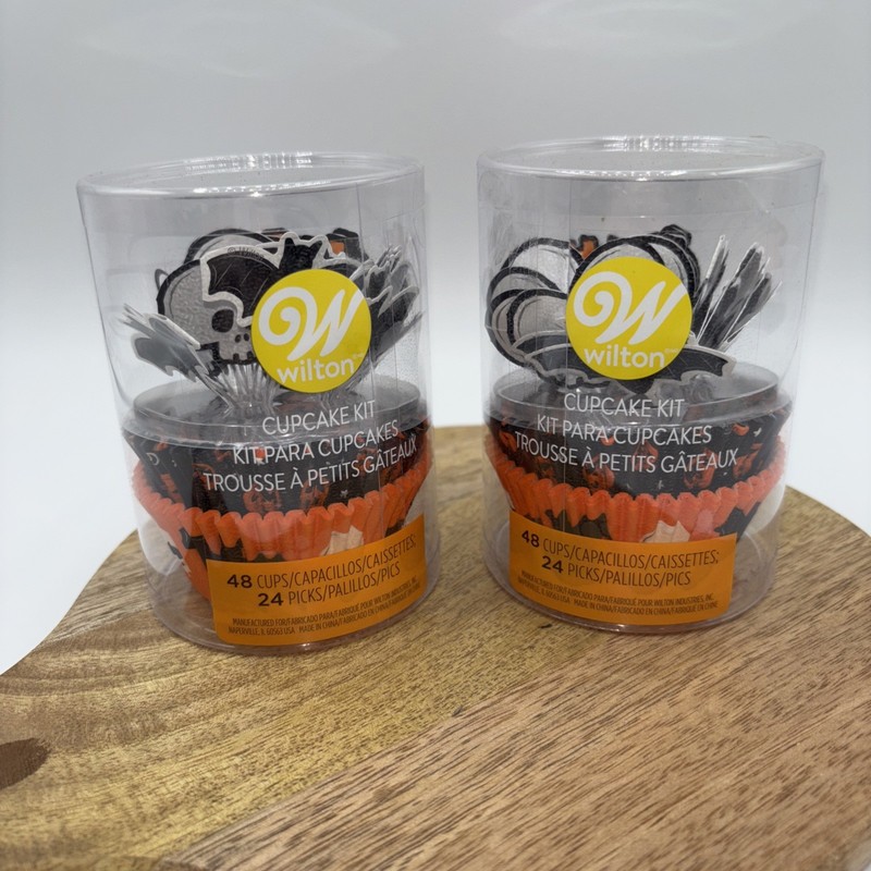 Lot Of 2-Skull Bat and Pumpkin Halloween Cupcake Kit 72-Piece Wilton-NEW