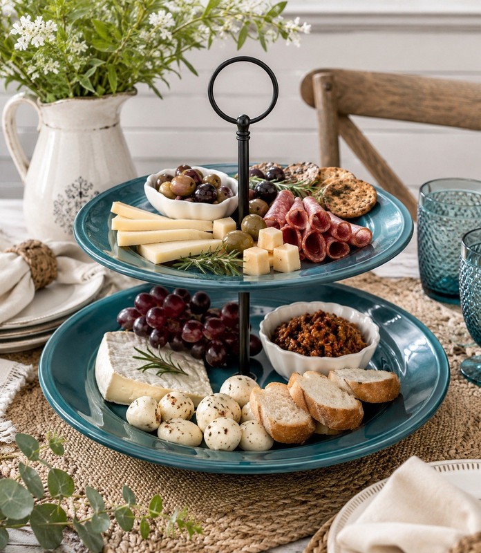 Mason 2 Tier Serving Tray Handmade Teal Plate Stand Farmhouse Appetizer Display
