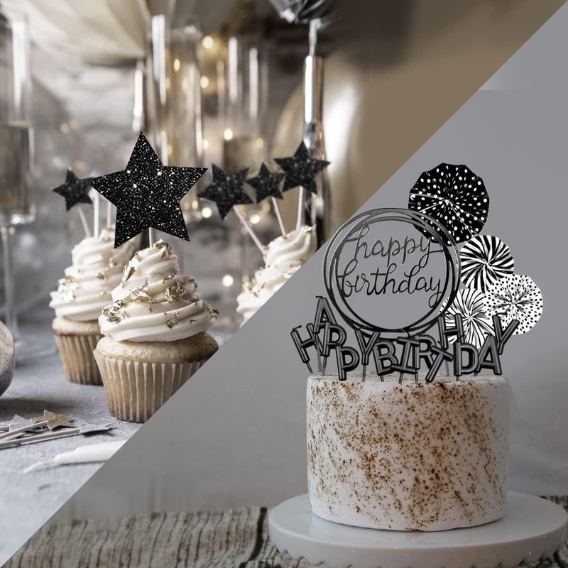 Black Cake Topper Decoration with Happy Birthday Candles Happy Birthday Banner gallery