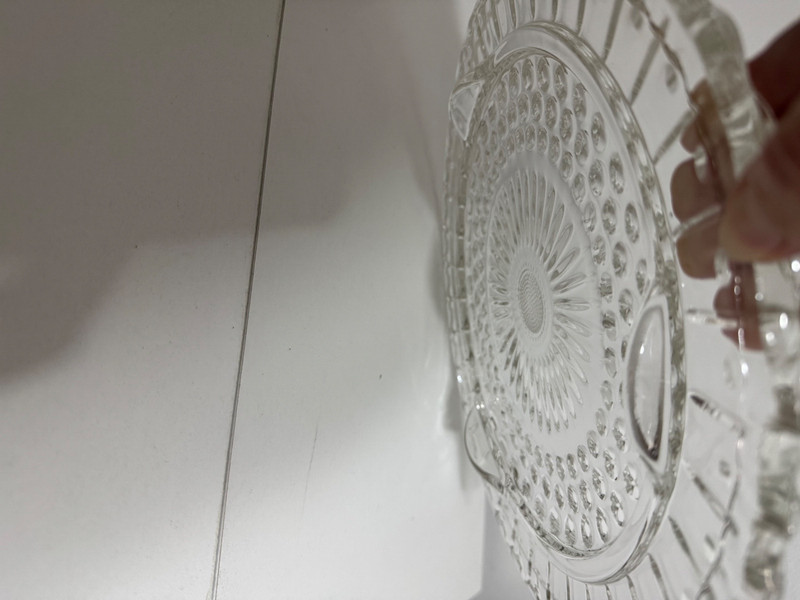 Vintage Clear Glass 3-Footed Sunflower Bubble Dots Scalloped Cake Plate 11 1/2" gallery