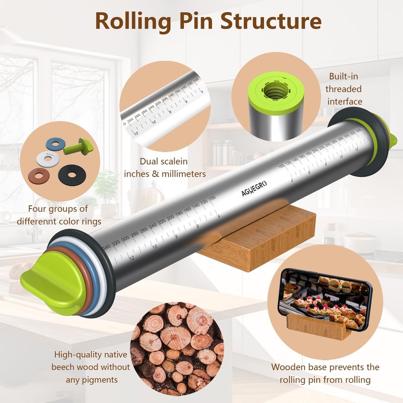 Stainless Steel Rolling Pin with Thickness Rings and Wooden Stand Dough Thick... gallery