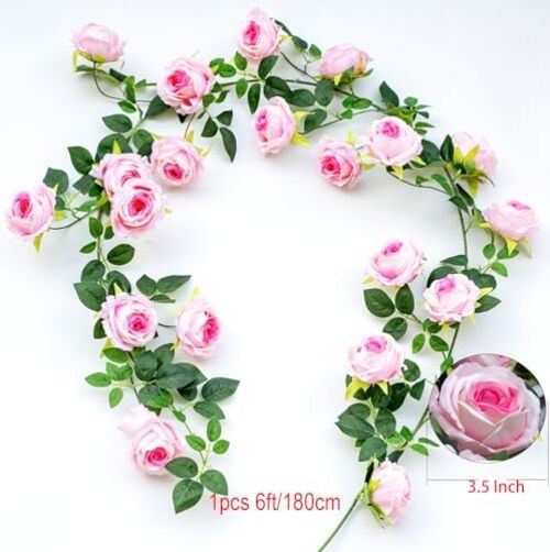2Pcs 12Ft Bendable Artificial Flower Garland Faux Rose Vine Hanging 2pcs Pink gallery