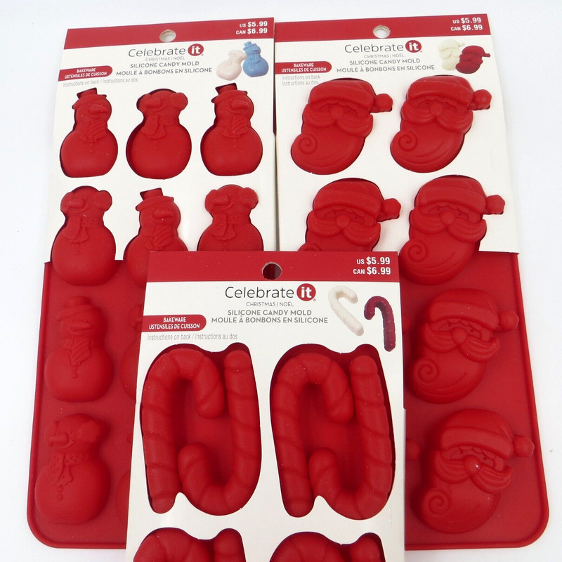 3 Celebrate It Red Christmas Silicone Candy Molds Bakeware Canes Santa Snowman