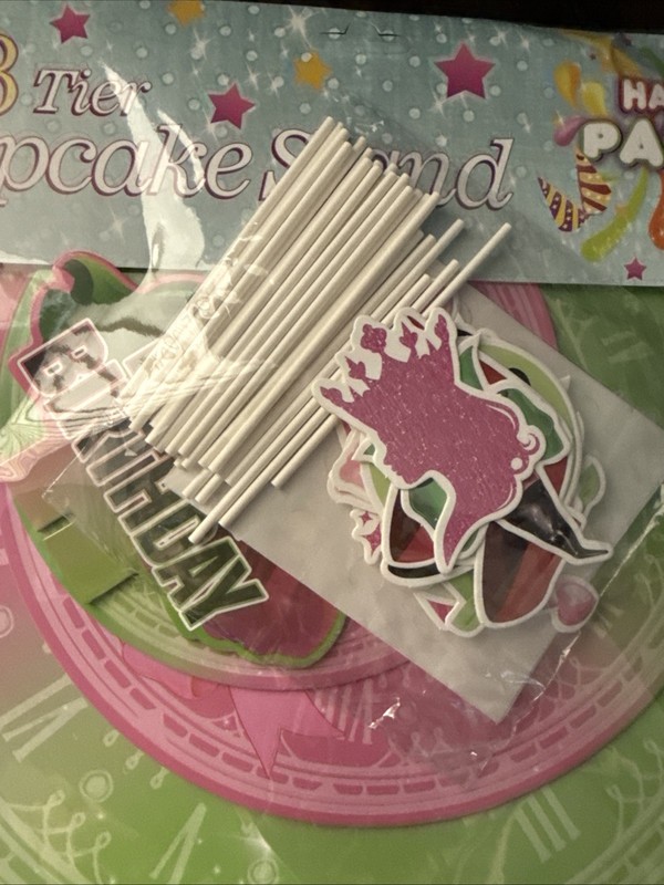 Princess & Witch Cupcake Stand W Cupcake Toppers 3 Tiers Pink & Green NEW gallery