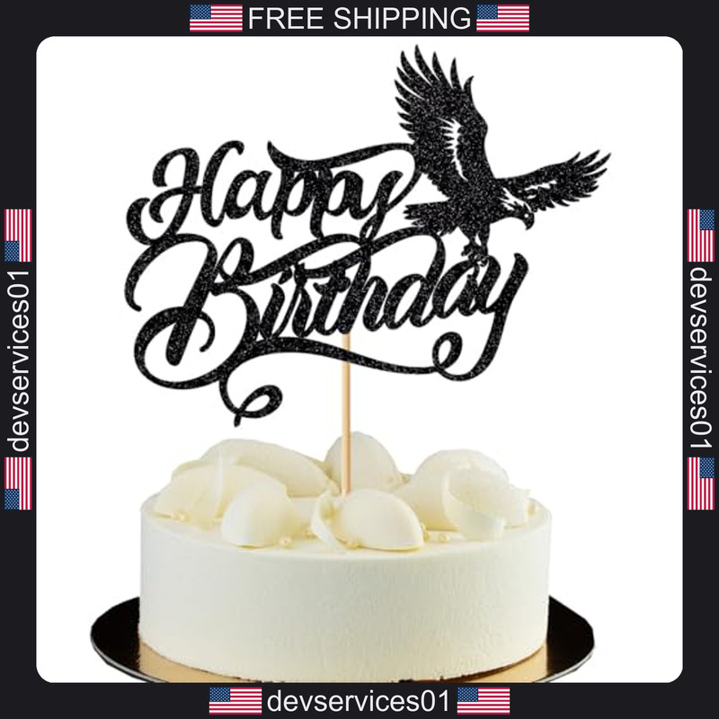 Bald Eagle Cake Topper for Birthday Party Black Glitter Decor