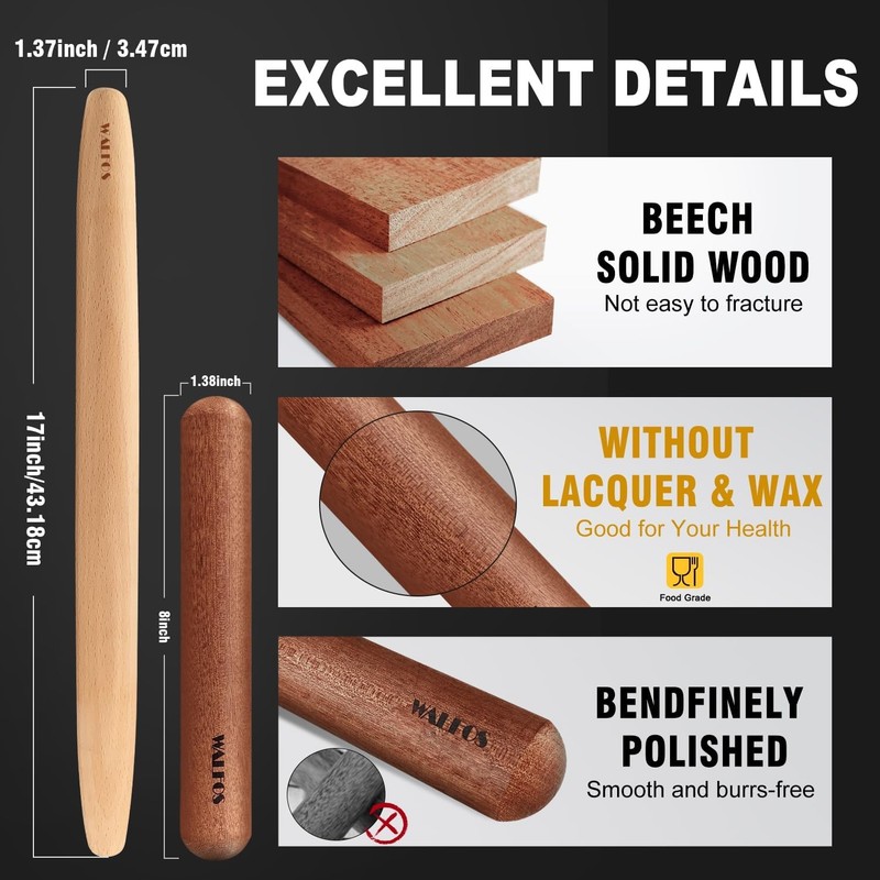 French Rolling Pin Set Natural Wooden Rolling Pins 8inch 15.7inch Baking Dough gallery