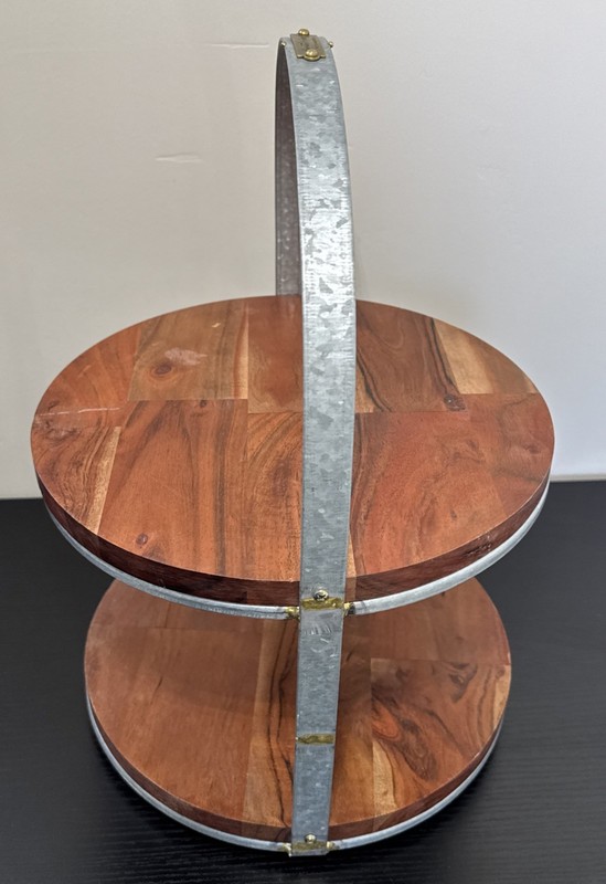 HEARTH & HAND MAGNOLIA Round Two Tier Wood & Galvanized Metal Cake Dessert Stand gallery