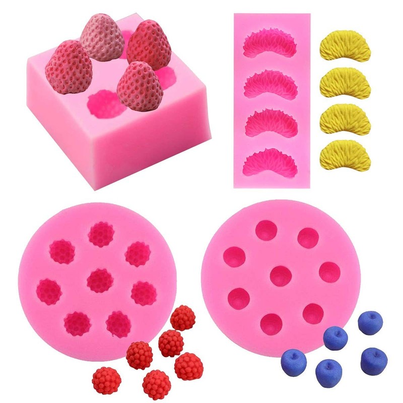 4Pcs Strawberry, Tangerine Segment, Raspberry and Blueberry Fondant Molds, 3D…