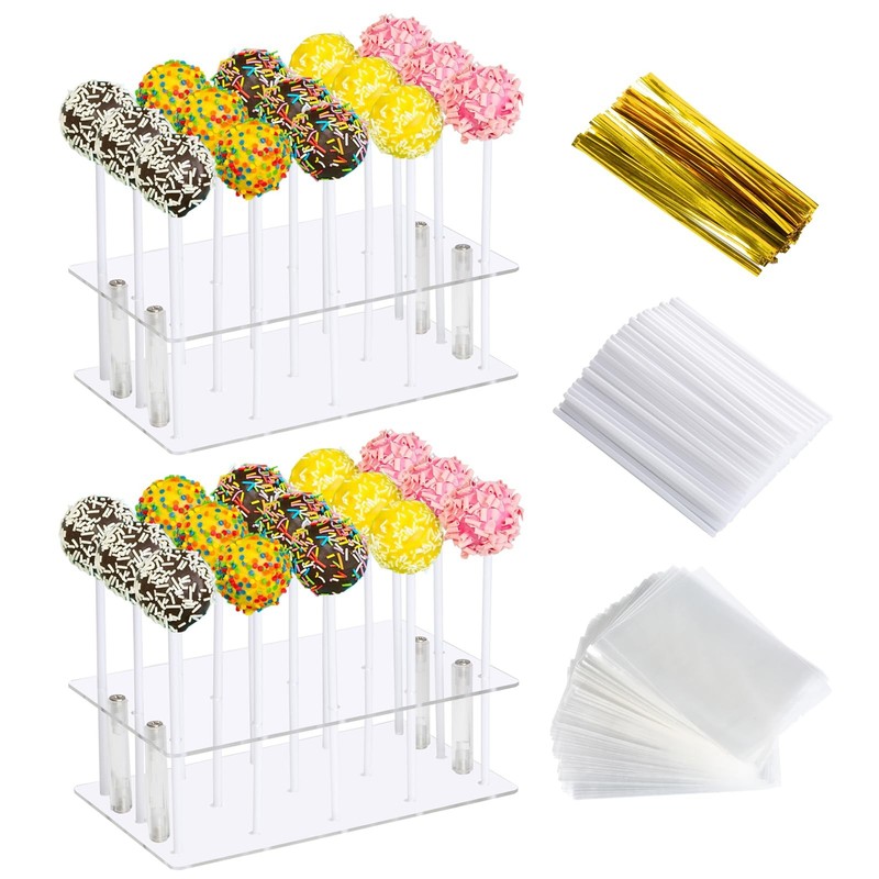 2 Pack Cake Pop Stand with Sticks & Wrappers, 15 Holes Acrylic Cake Pops Hold…