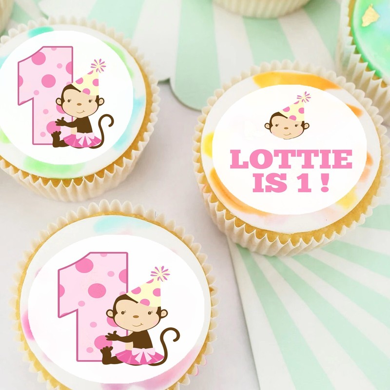 Monkey 1st Birthday Pre-cut Edible Icing Image Cupcake or Cookie Toppers