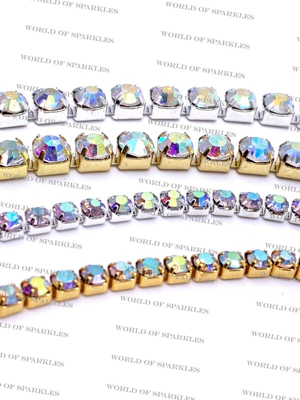 1 Metre Diamante/Rhinestone AB Rainbow Crystal Chain Silver & Gold Base UK gallery