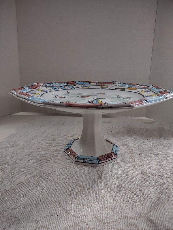 Vintage Large Ceramic Hand Painted Cake/Cupcake Stand Pedestal Dish Italy Fish gallery