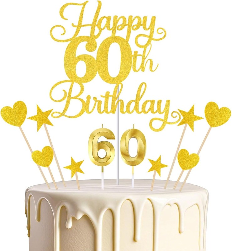 Happy 60th Birthday Cake Topper for 60th Birthday Decorations Numeral 60 Candle