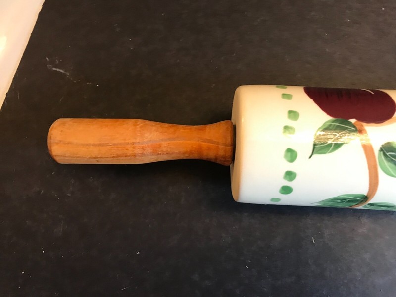 VINTAGE PORCELAIN OR STONEWARE ROLLING PIN, HANDPAINTED APPLES & LEAVES, ABC DIS gallery