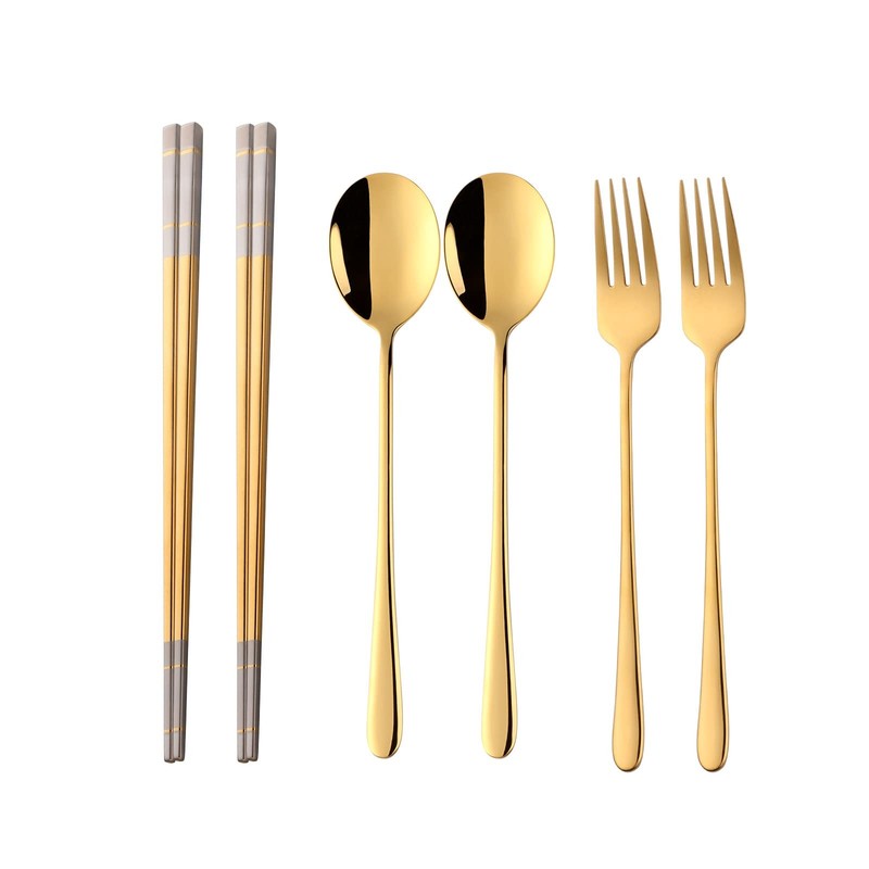 2 PCS Stainless Steel Korean Chopsticks Spoons Fork Set Portable Gold