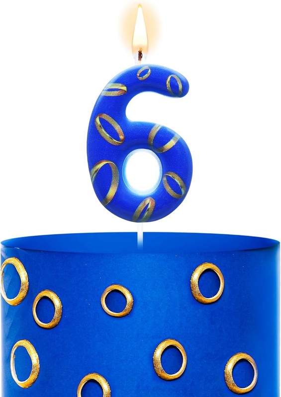Number 6 Birthday Cake Candles Blue and Golden Rings Number Candle with Vibrant