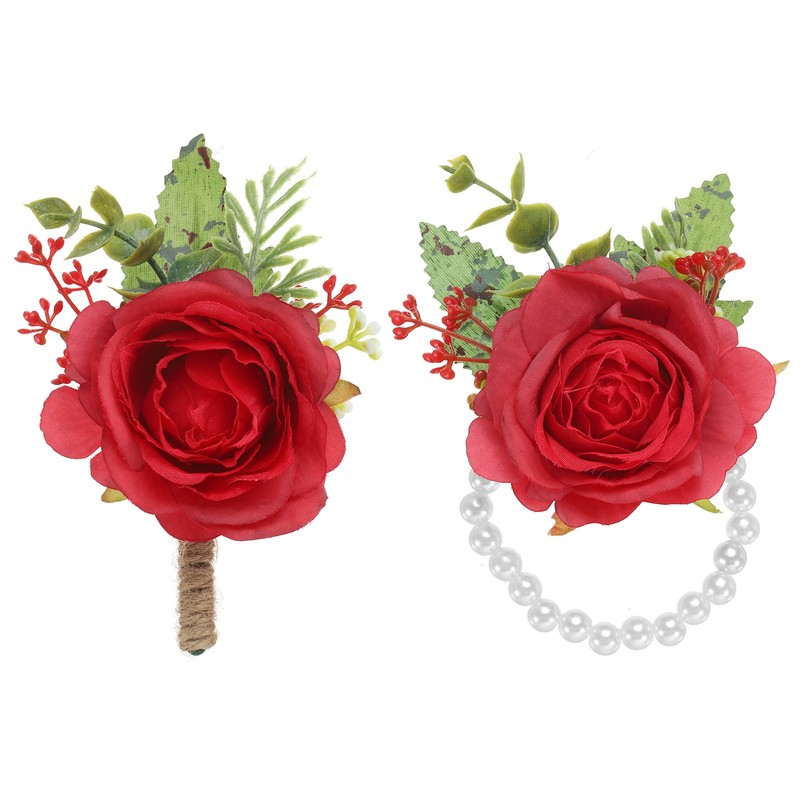 2 Pcs Rose Wrist Corsage and Boutonnieres Set, Wedding Flower Wristlet Dark Red
