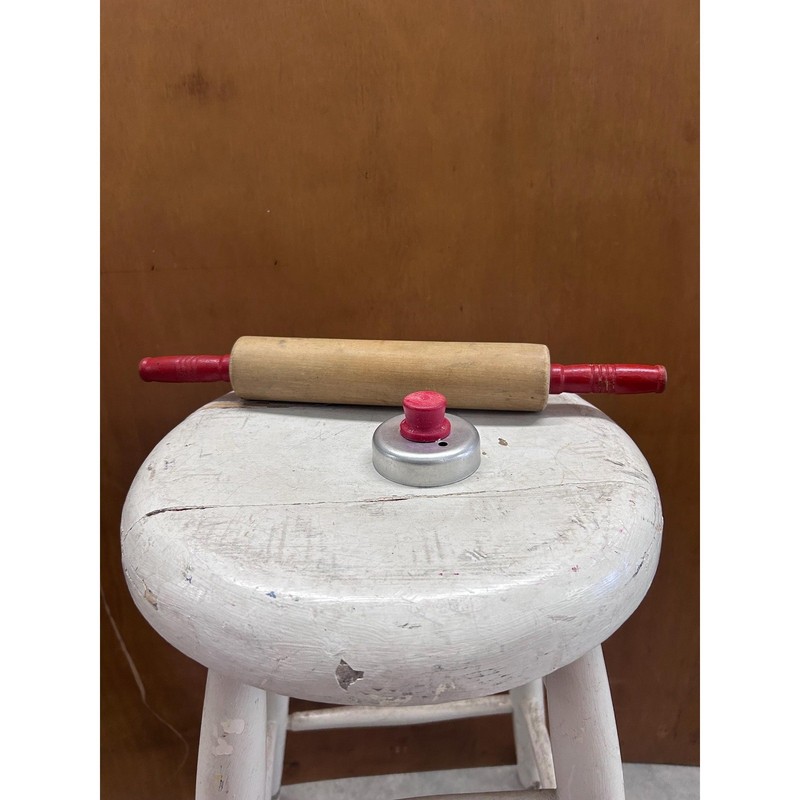 Wooden Rolling Pin & Biscuit/Cookie Cutter w/ Doughnut Hole Insert Red Handles gallery