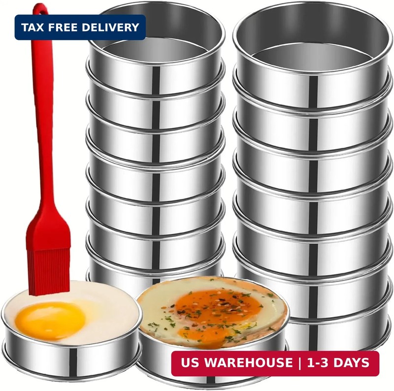 16Packs English Muffin Rings Crumpet Rings 4 inch Stainless Steel Double Rolled