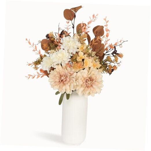 Artificial Fall Flowers Bouquet in Ceramic Vase, Faux Brown Flower Brown + Big