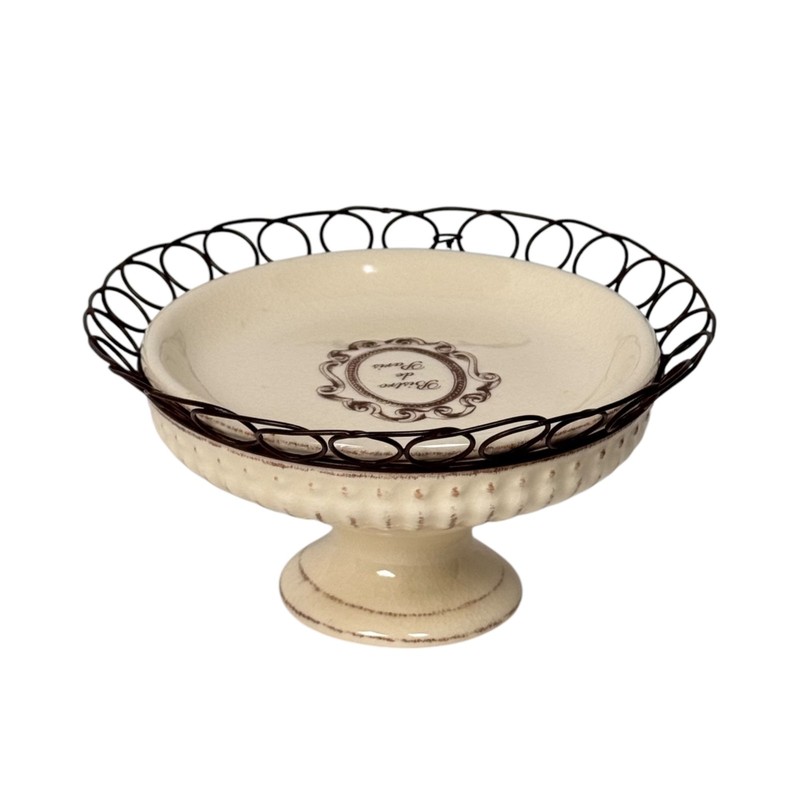 Vintage IMAX Serving Dish Cake Stand Cream Brown French Country Cottage Ceramic
