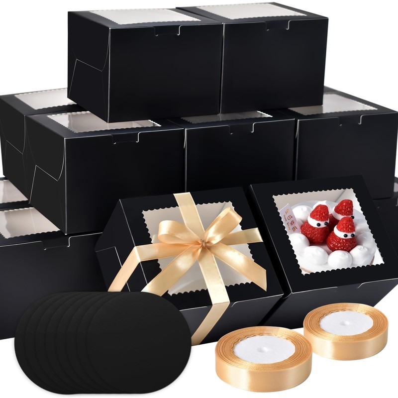 40 PCS 8x8x5 inch Black Cake Boxes with 20 Boards Window Cake Containers