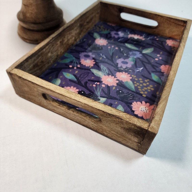 Mango Wood Cake Stand with Purple Floral Acrylic Top and Matching Serving Tray gallery