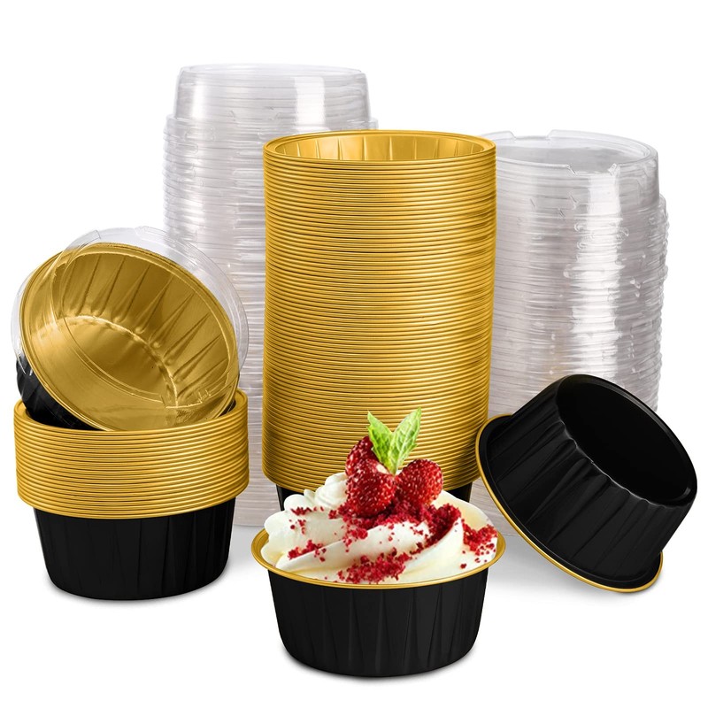 100 Pieces Aluminum Foil Baking Cups with Lids, 5oz Disposable Ramekin Cupcak…