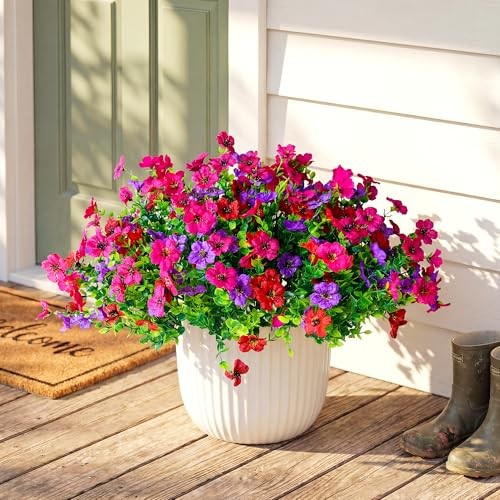 Artificial Flowers for Outdoors, Faux Plants Bundles 12 Hot Pink Red Purple gallery