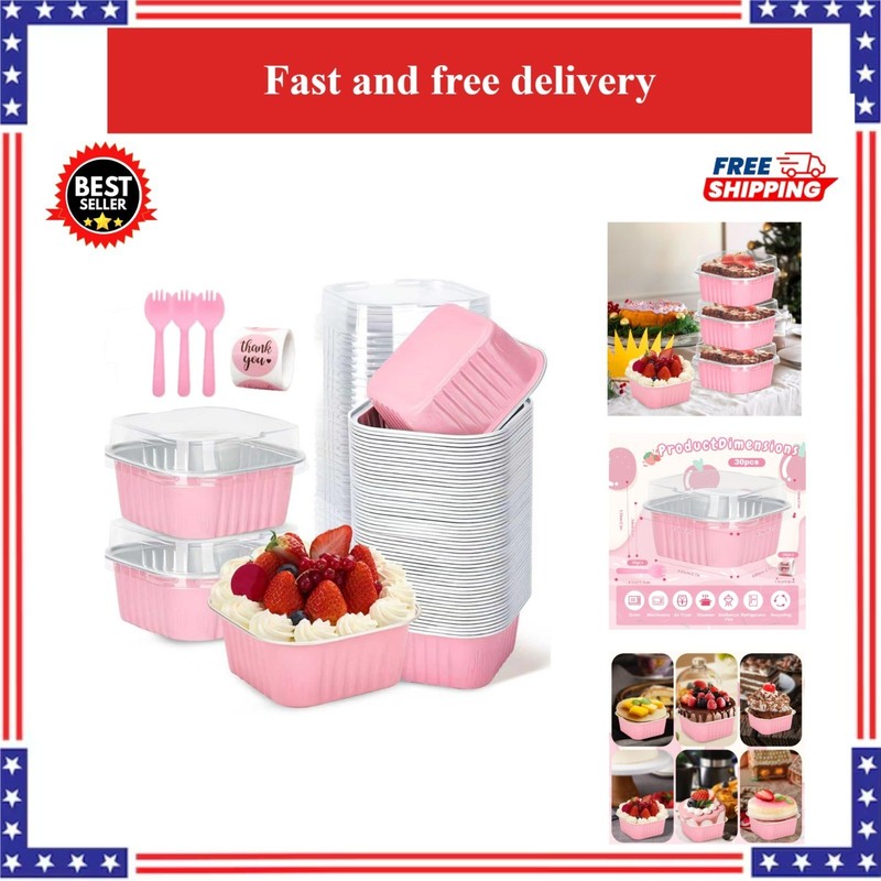 30 Pack 5oz Pink Mini Cake Pans with Lids and Spoons – Aluminum Baking Cups