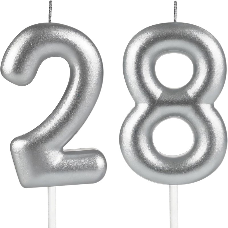 Silver 28th Birthday Number Candles,Birthday Candles for Cake,Silver Number for