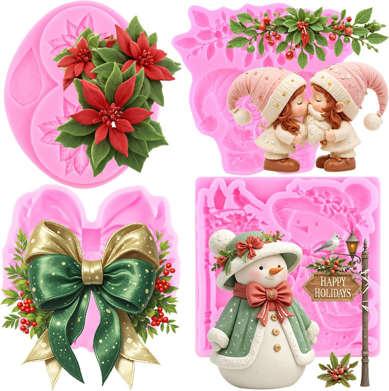Christmas Fondant Molds Poinsettias Silicone Mold Christmas Dwarf Doll Snowman X