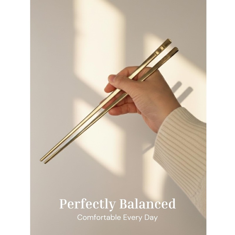 Korean Spoon and Chopstick 2 Set – Premium 18/10 Titanium Gold – Double Happi... gallery
